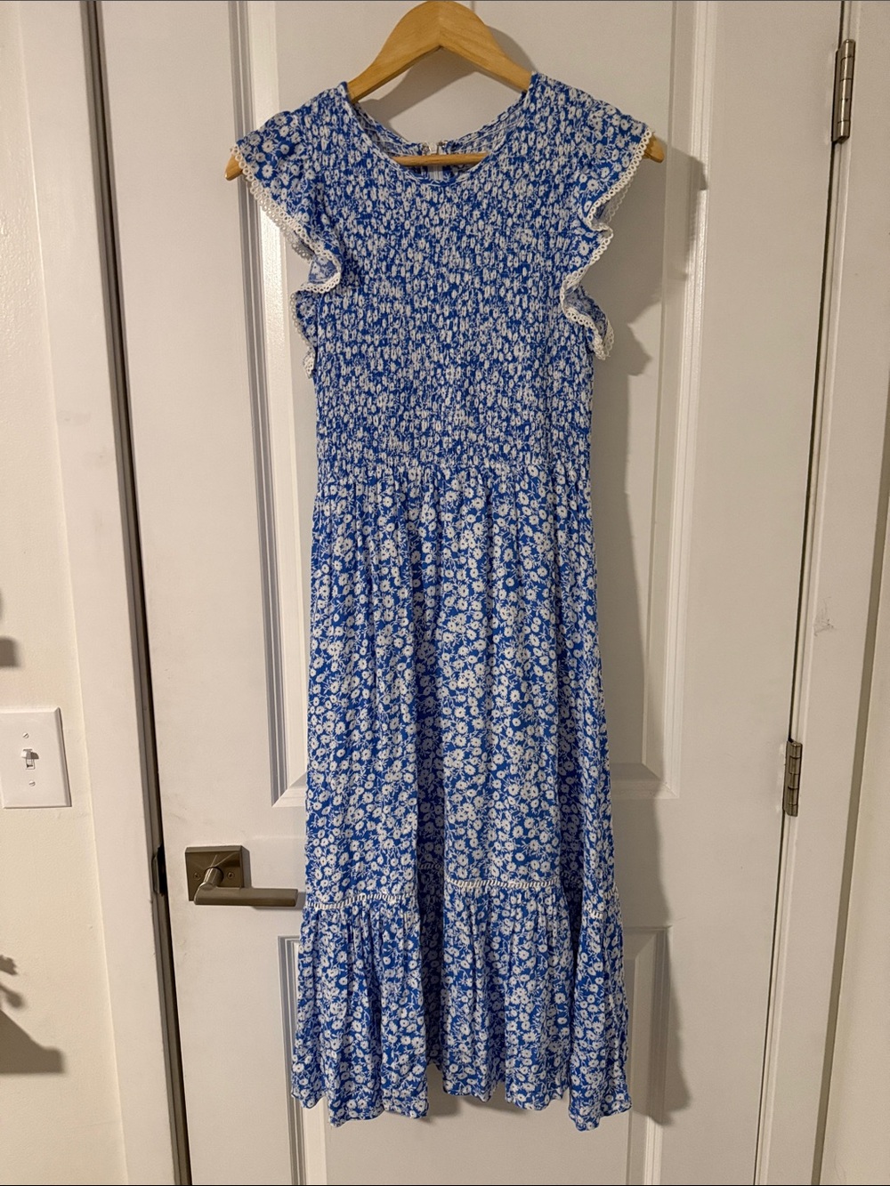 Lost + Wander Blue Floral Smocked Ruffle Midi Dress